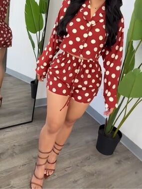 Polka Dot Two-Piece Lounge Set - Rust with Cream Dots